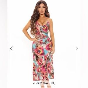 Fashion Nova Vibrant Feather Print Midi Dress